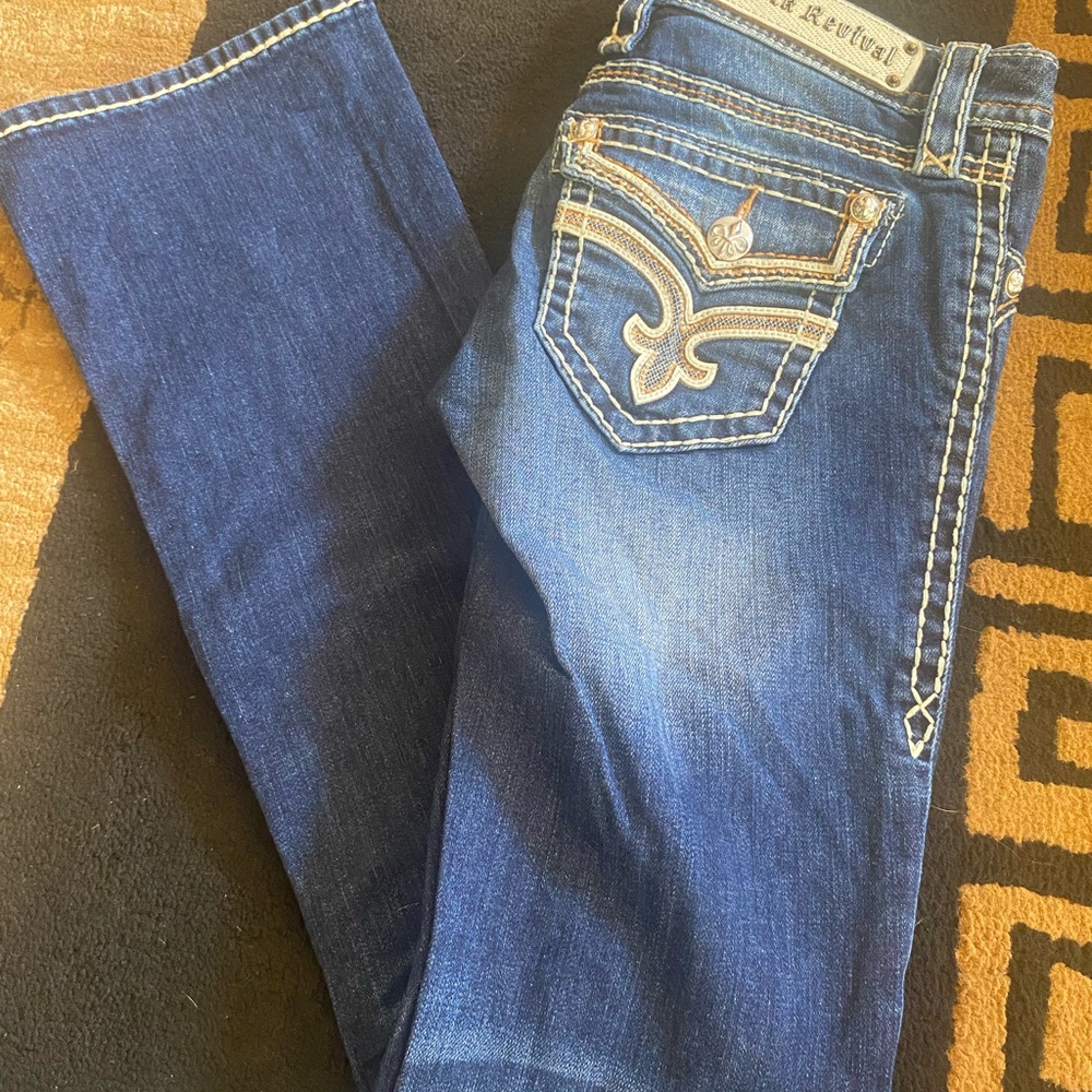Rock Revival Blue Boot Cut Jeans with Intricate Stitching